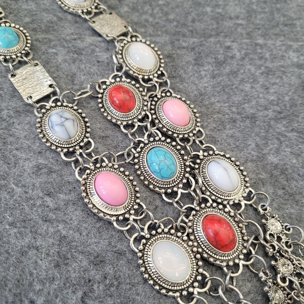 Western Boho Multicolor Cabochon Chain Fringe Statement Necklace 22in